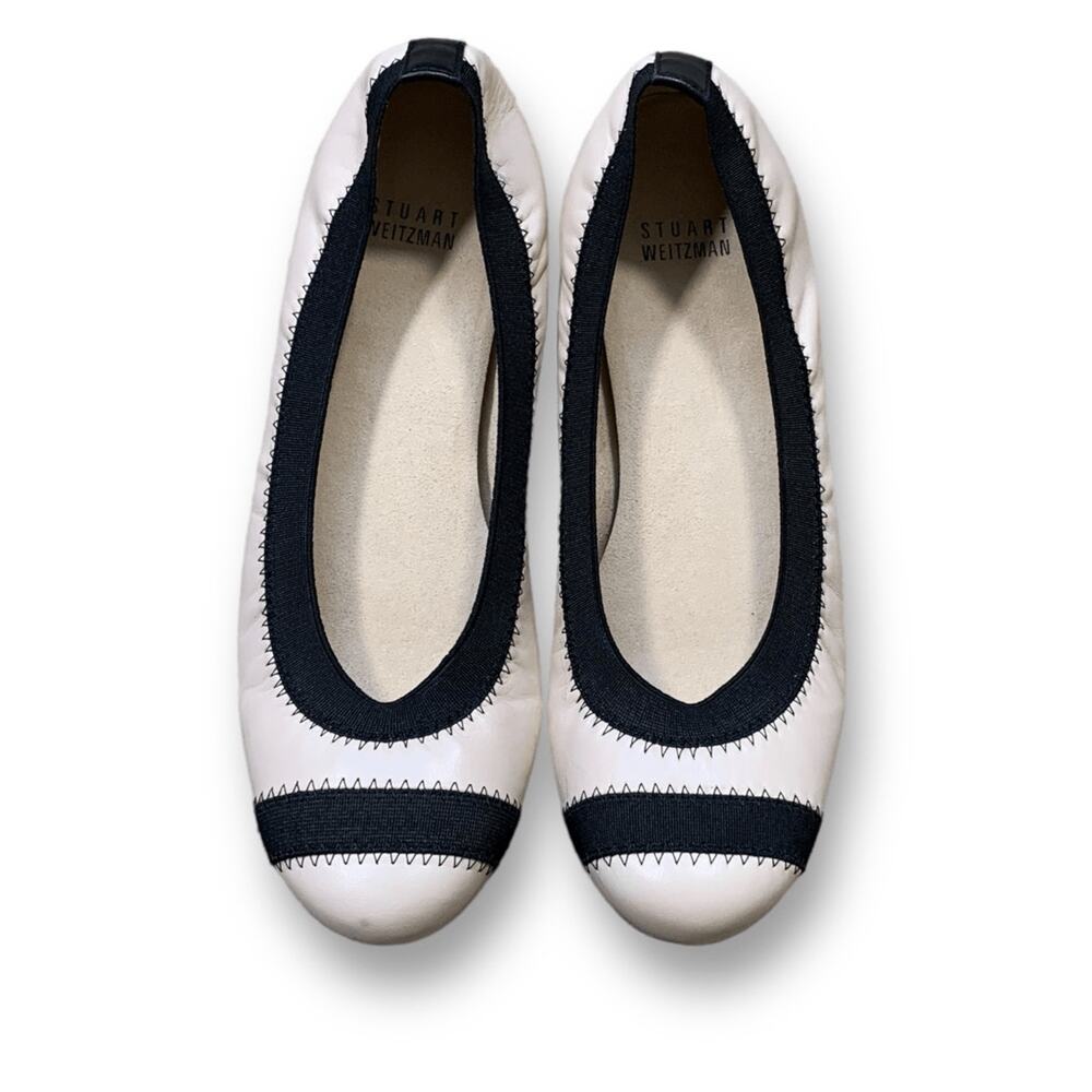 Stuart‎ Weitzman Cream Black Leather Ballet Flats Cap Toe Classic 7 Minimalist